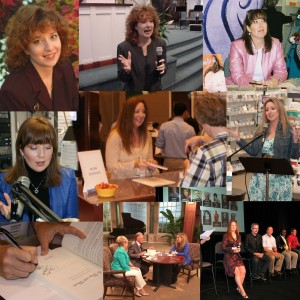 Top left corner: my first professional "author headshot" -- plus a few other pics of booksignings, speaking, and media appearances from different eras (and hairstyles).
